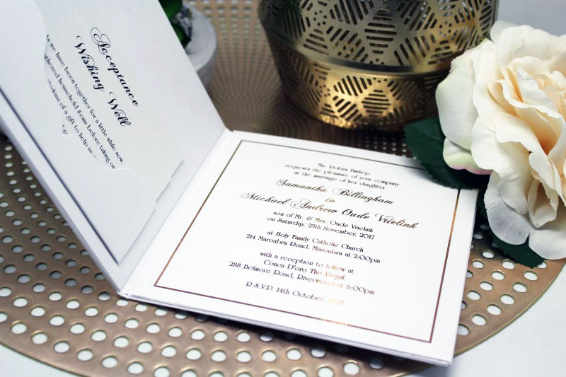 Bespoke Samantha & Michael Wedding Invitation Hard Cover Rose Gold Foil
